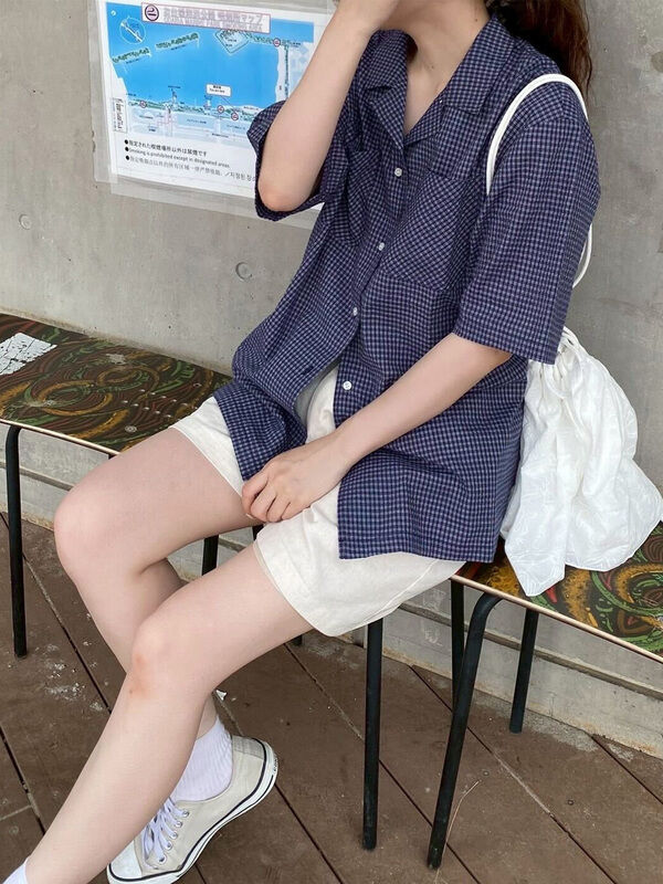 セール】 ◎チェックオープンカラーシャツ（ベージュ/ネイビー/キナリ