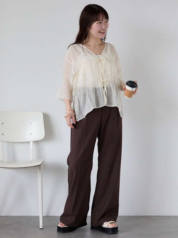 セール】 シアーリボンブラウス（モカ/グリーン/サックスブルー/キナリ