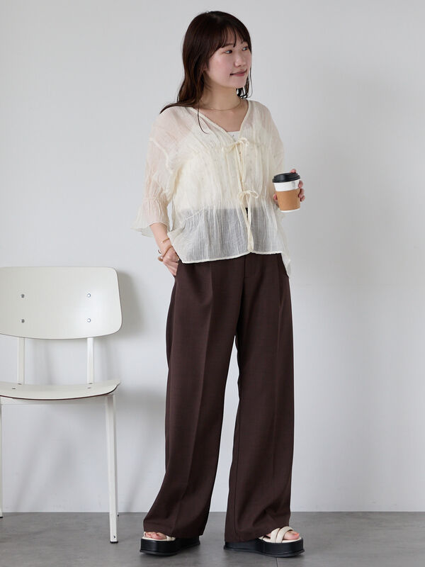 セール】 シアーリボンブラウス（モカ/グリーン/サックスブルー/キナリ