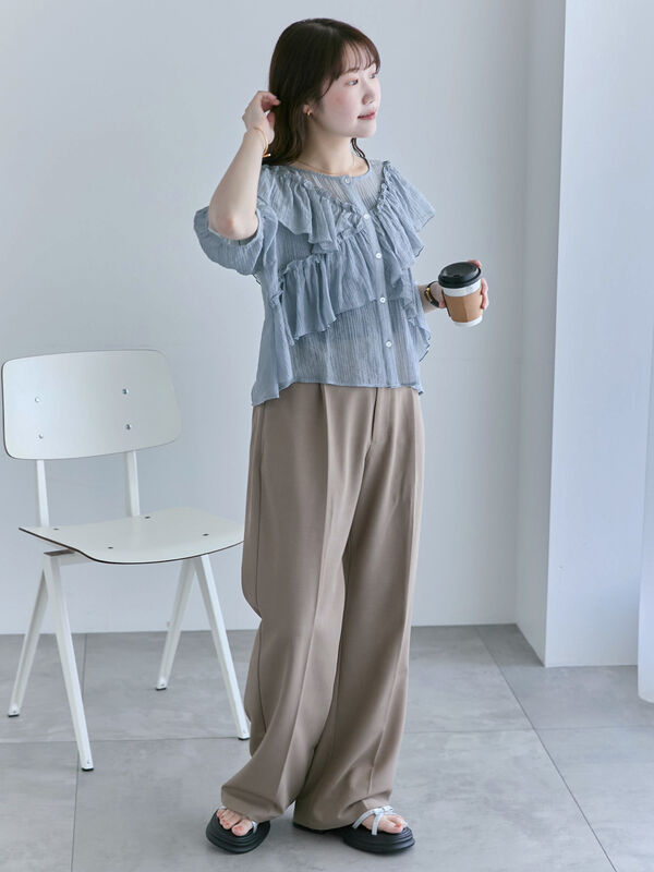 セール】 シアーフリルブラウス（グレー/ブラック/ピンク/キナリ