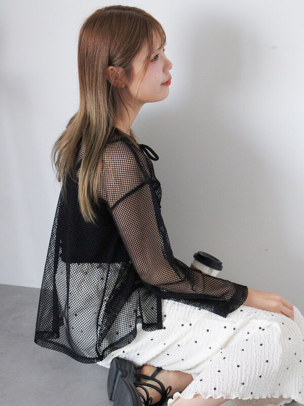 セール】 前後2WAYメッシュリボンカーディガン（グレー/ブラック