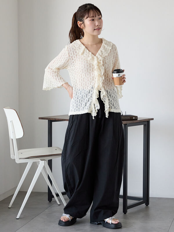 セール】 レースフリルカーディガン（ブラック/ベージュ/キナリ