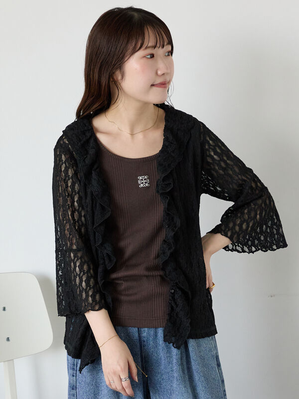 セール】 レースフリルカーディガン（ブラック/ベージュ/キナリ