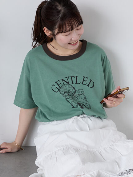 わんこプリントリンガーTシャツ（オフホワイト/チャコールグレー/グリーン/サックスブルー）｜ehka sopo（エヘカソポ）通販
