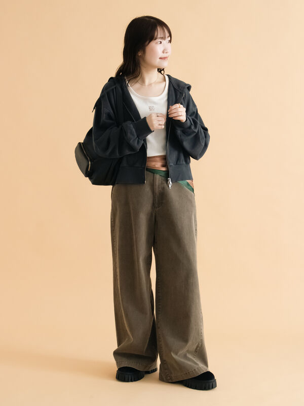 セール】 ウォッシュ加工ワイドパンツ（チャコールグレー/ブラウン