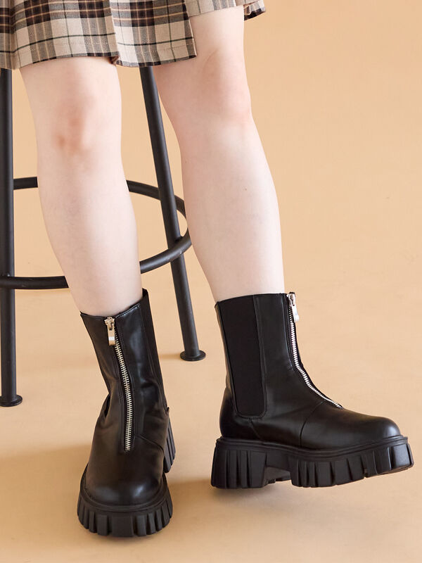 フロントジップサイドゴアブーツ（ブラック/ブラウン/キナリ