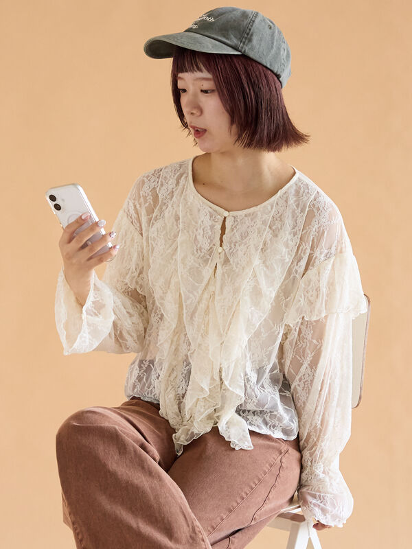 アイボリー フリル レース ブラウス 総レースフリルブラウス（オフホワイト/ブラック/キナリ