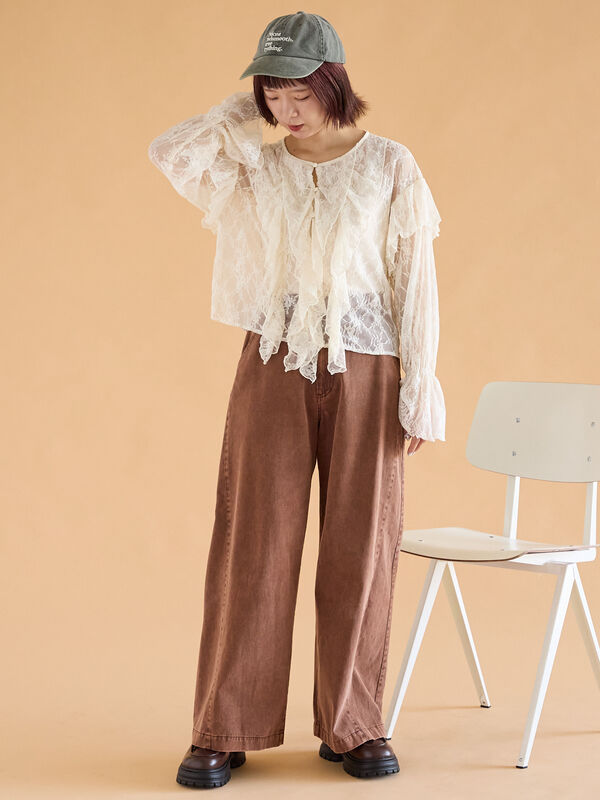 セール】 総レースフリルブラウス（オフホワイト/ブラック/キナリ