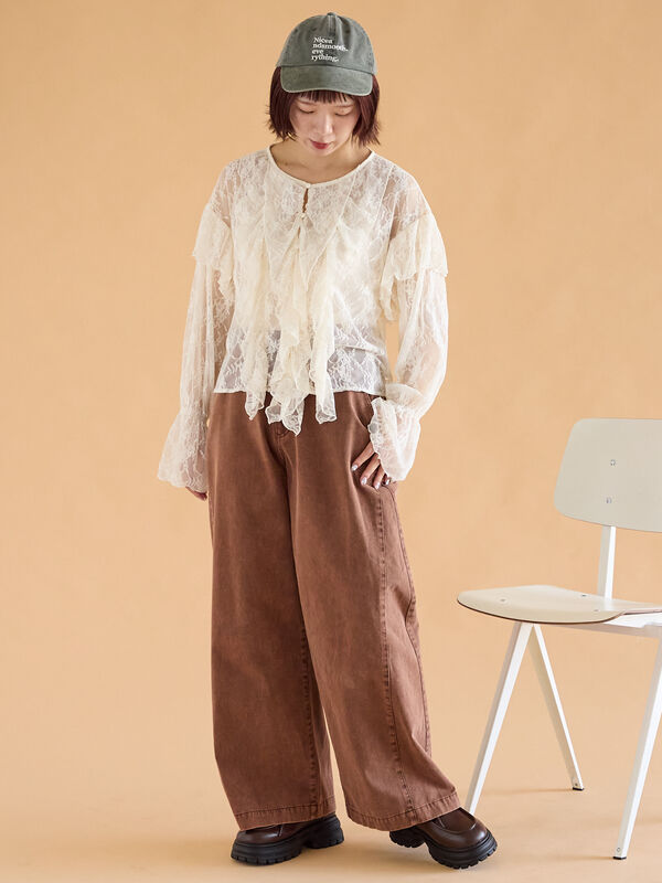 セール】 総レースフリルブラウス（オフホワイト/ブラック