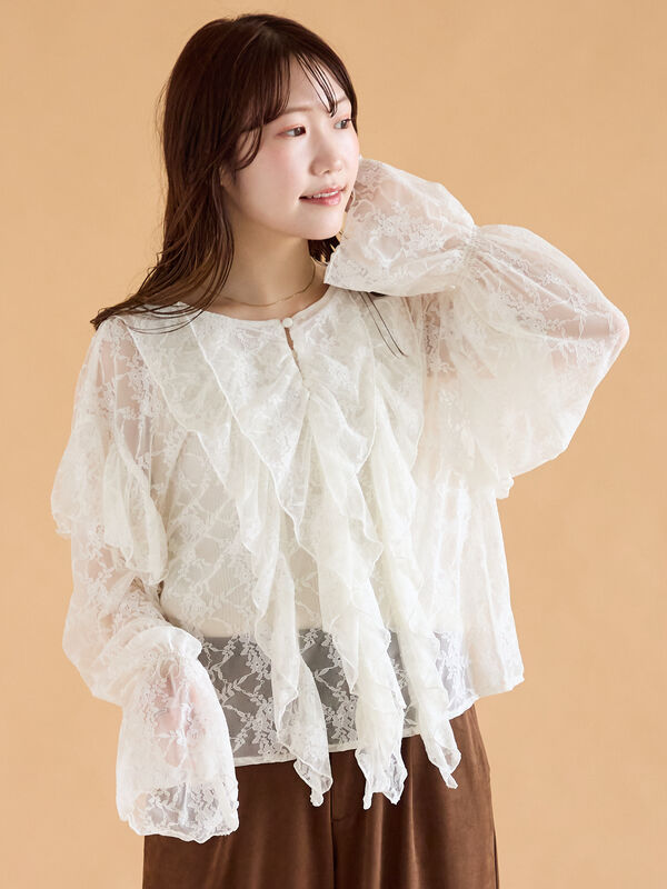 セール】 総レースフリルブラウス（オフホワイト/ブラック/キナリ
