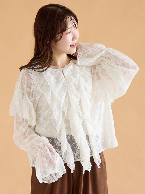 セール】 総レースフリルブラウス（オフホワイト/ブラック/キナリ