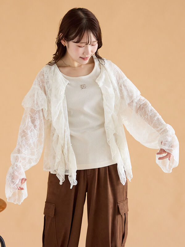 セール】 総レースフリルブラウス（オフホワイト/ブラック/キナリ