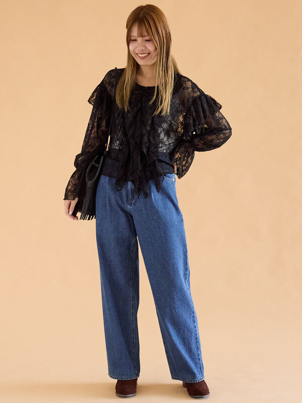 セール】 総レースフリルブラウス（オフホワイト/ブラック