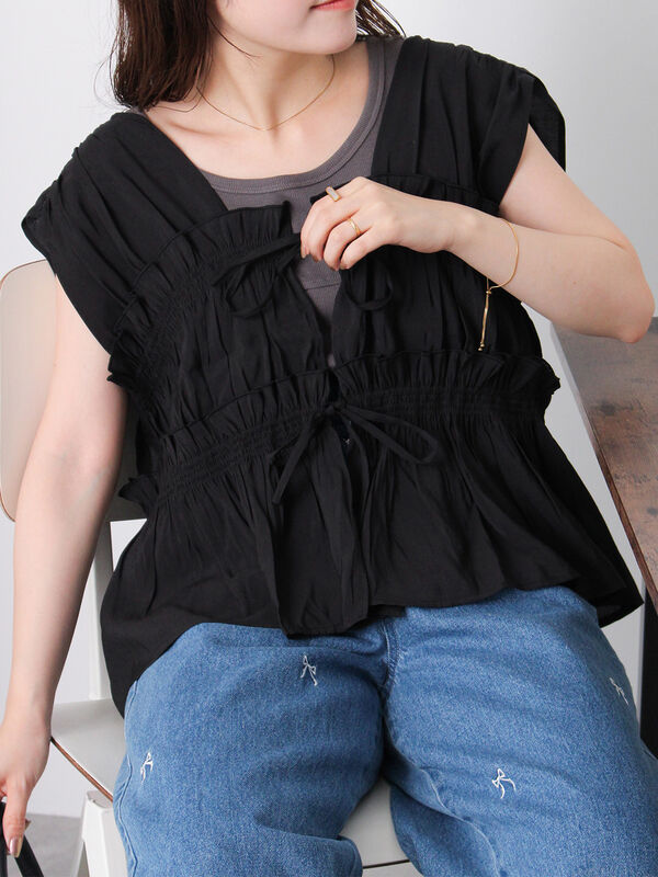 セール】 ◎リボンノースリブラウス（ブラック/ブラウン/キナリ