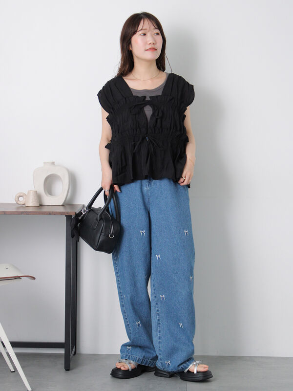 セール】 ◎リボンノースリブラウス（ブラック/ブラウン/キナリ