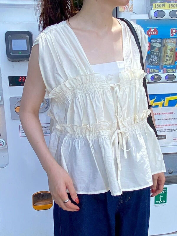 セール】 ◎リボンノースリブラウス（ブラック/ブラウン/キナリ