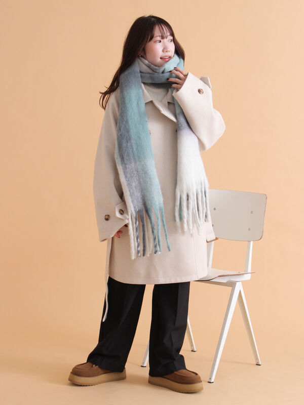セール】 ふわもこマフラー太フリンジチェック（ベージュ/グリーン