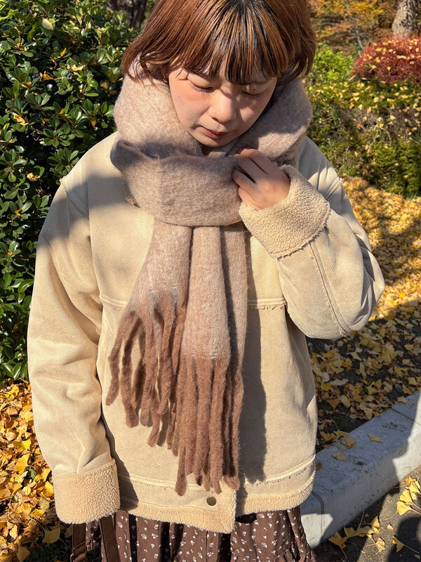 セール】 ふわもこマフラー太フリンジシャンブレー無地（ベージュ