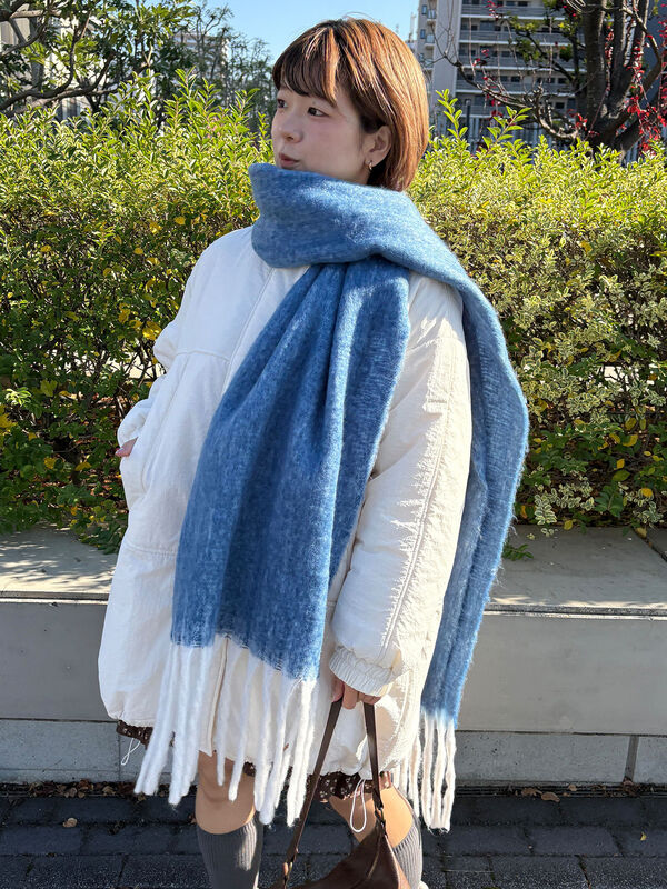 セール】 ふわもこマフラー太フリンジシャンブレー無地（ベージュ