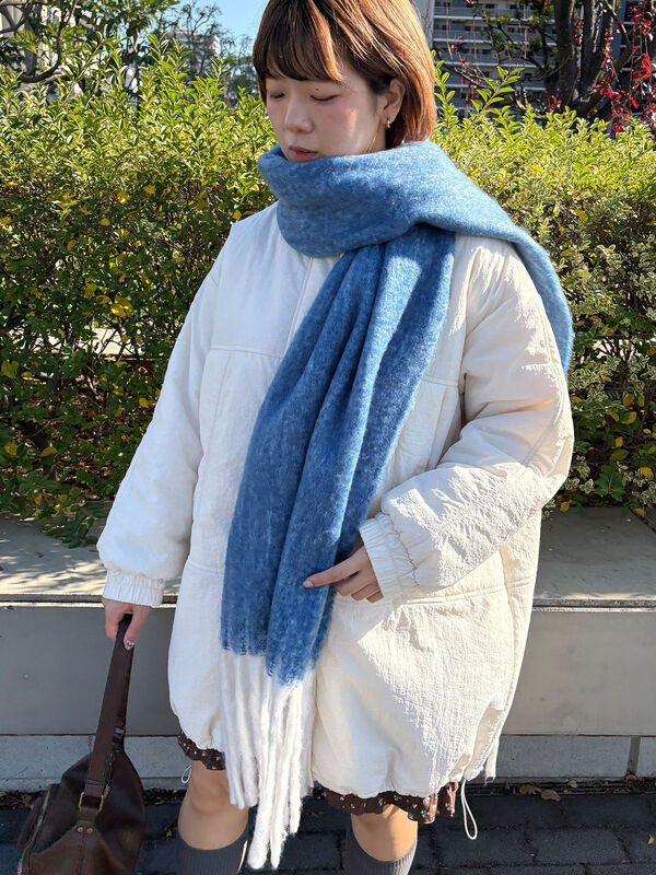 セール】 ふわもこマフラー太フリンジシャンブレー無地（ベージュ