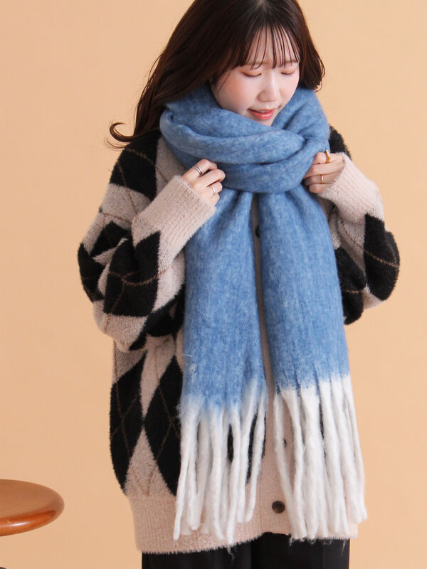 セール】 ふわもこマフラー太フリンジシャンブレー無地（ベージュ