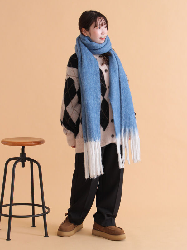 セール】 ふわもこマフラー太フリンジシャンブレー無地（ベージュ