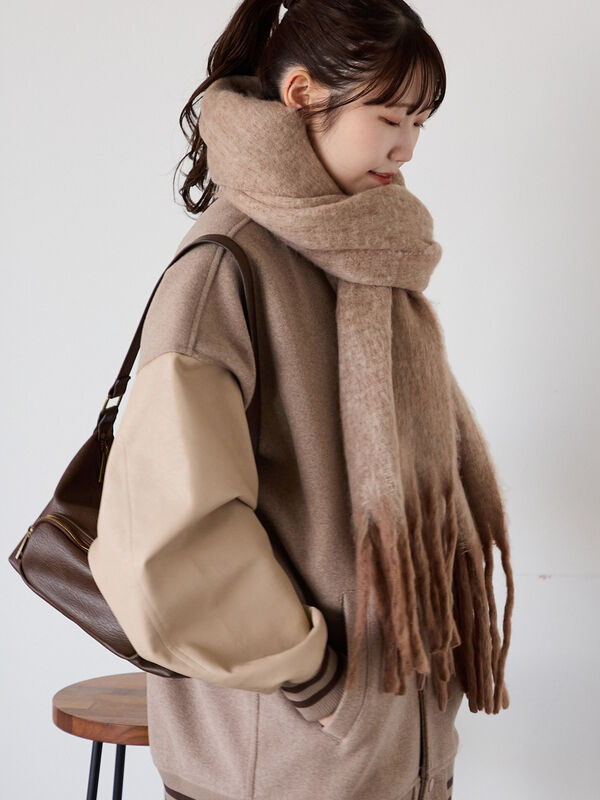 セール】 ふわもこマフラー太フリンジシャンブレー無地（ベージュ