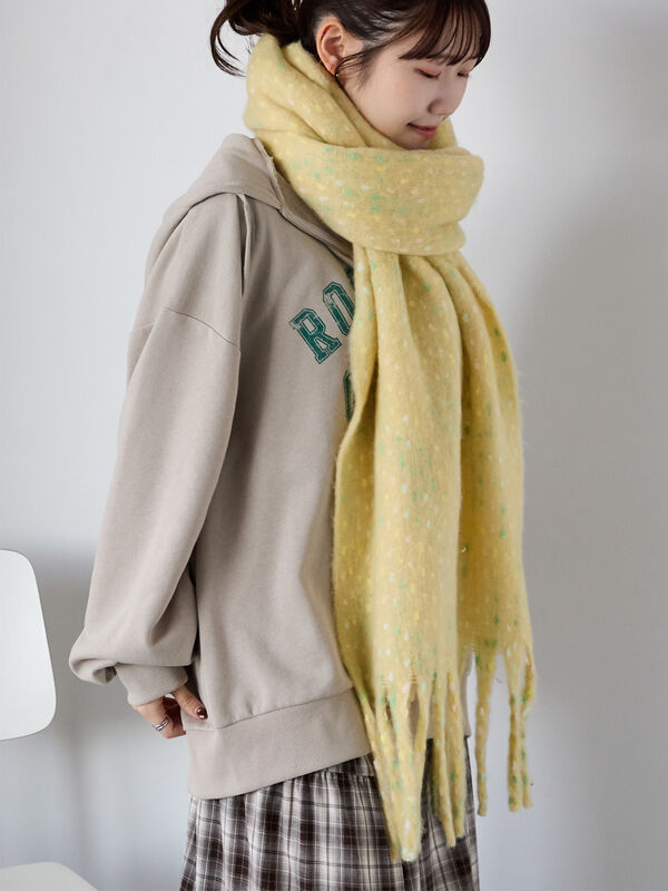 セール】 ふわもこマフラー太フリンジネップ無地（ベージュ/イエロー