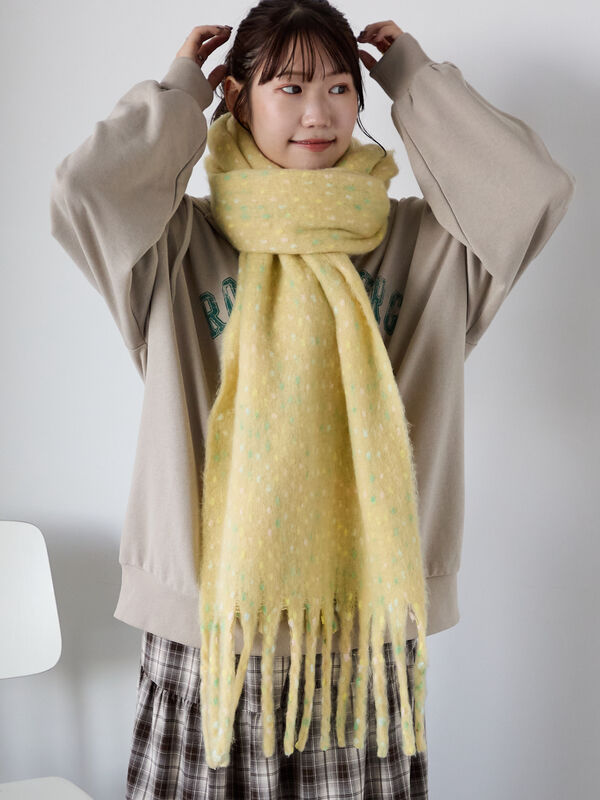 セール】 ふわもこマフラー太フリンジネップ無地（ベージュ/イエロー