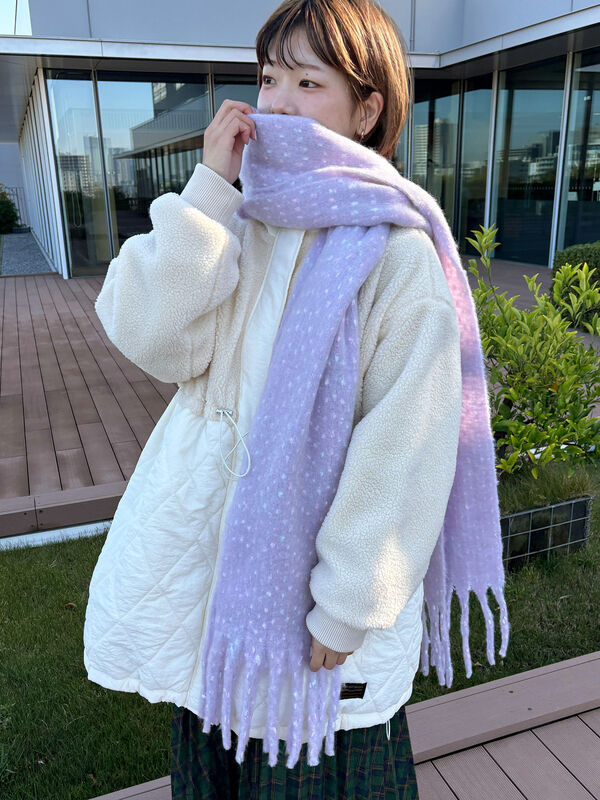 セール】 ふわもこマフラー太フリンジネップ無地（ベージュ/イエロー