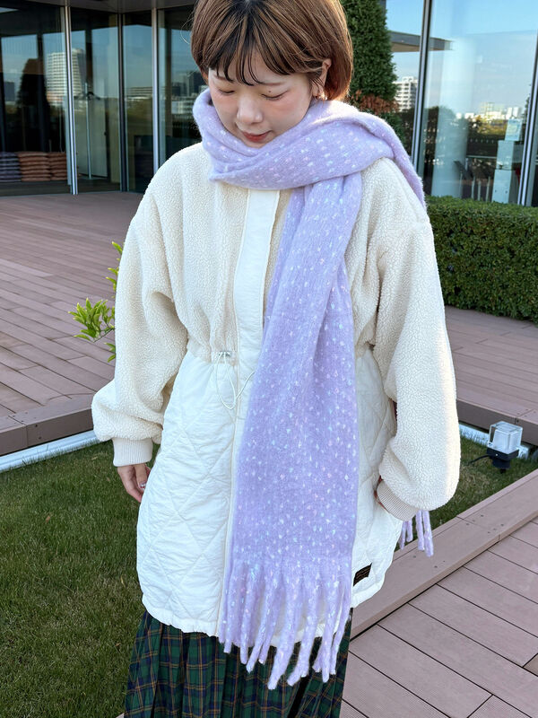 セール】 ふわもこマフラー太フリンジネップ無地（ベージュ/イエロー