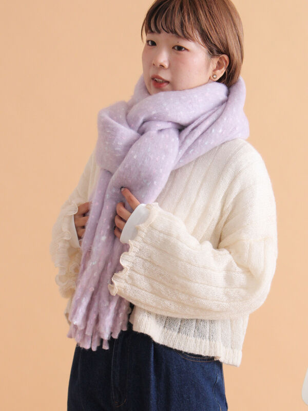 セール】 ふわもこマフラー太フリンジネップ無地（ベージュ/イエロー