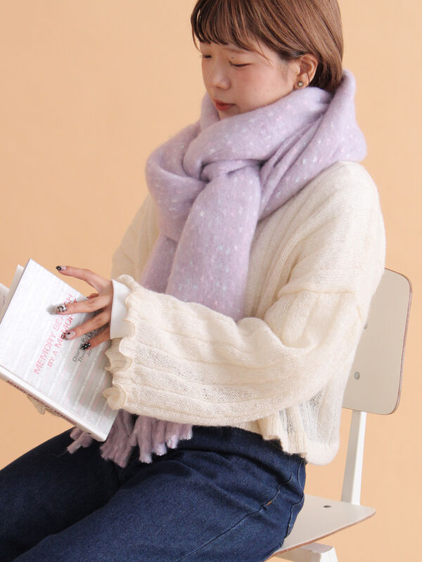 セール】 ふわもこマフラー太フリンジネップ無地（ベージュ/イエロー