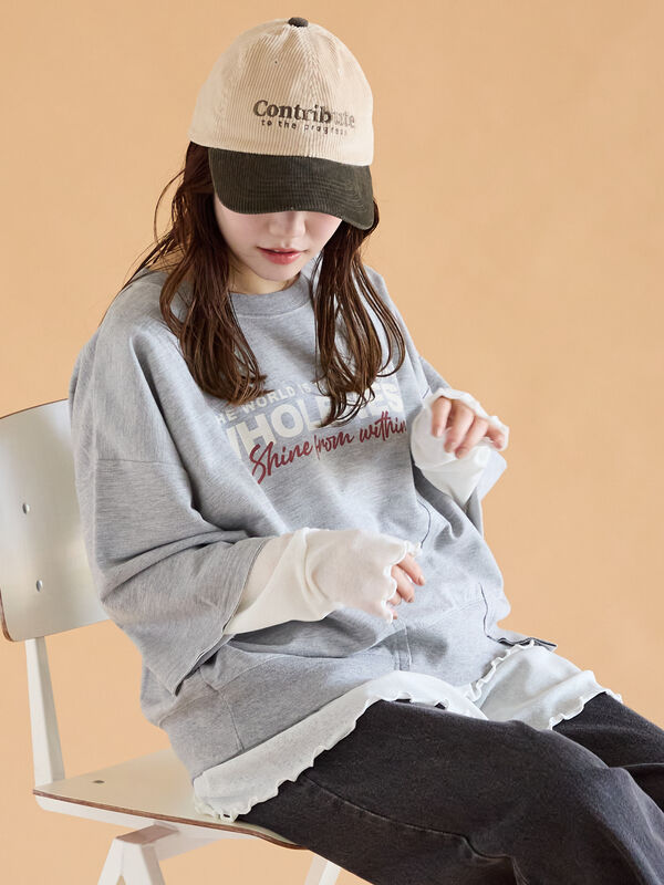 セール】 リメイク風6分袖スウェット（グレー/チャコールグレー