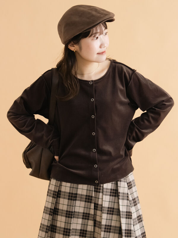 セール】 前後2WAYベロアカーディガン（ブラック/ブラウン/キナリ