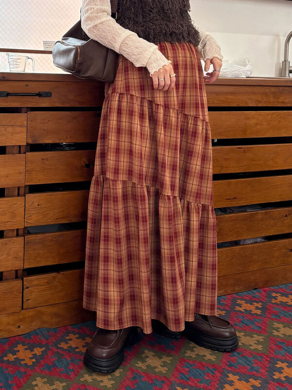 セール】 チェックティアードスカート（レッド/ブラウン/ネイビー