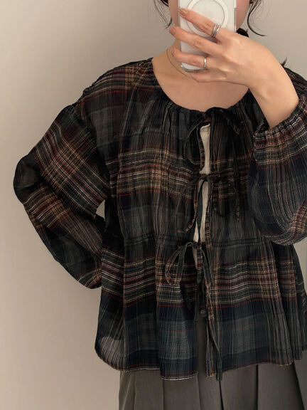 セール】 チェックリボンブラウス（ブラック/ベージュ/グリーン