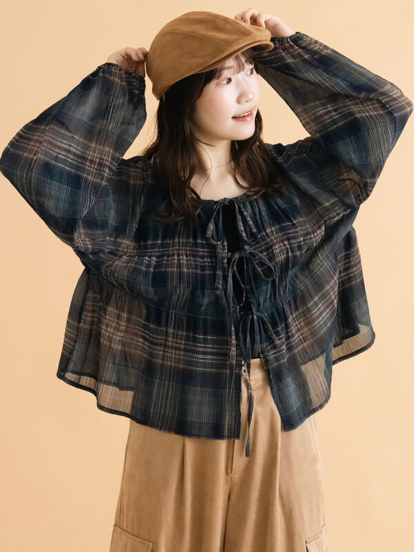 セール】 チェックリボンブラウス（ブラック/ベージュ/グリーン