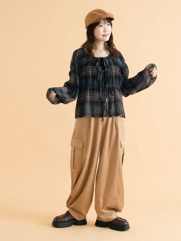 セール】 チェックリボンブラウス（ブラック/ベージュ/グリーン