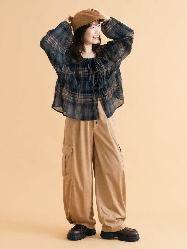 セール】 チェックリボンブラウス（ブラック/ベージュ/グリーン