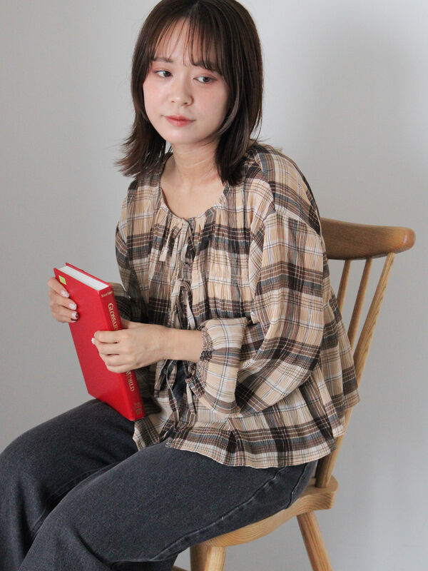 セール】 チェックリボンブラウス（ブラック/ベージュ/グリーン
