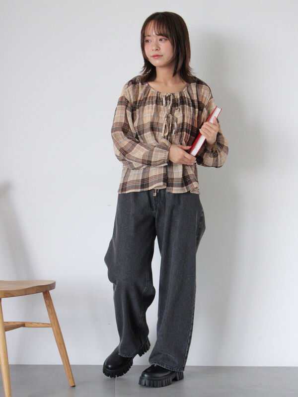 セール】 チェックリボンブラウス（ブラック/ベージュ/グリーン