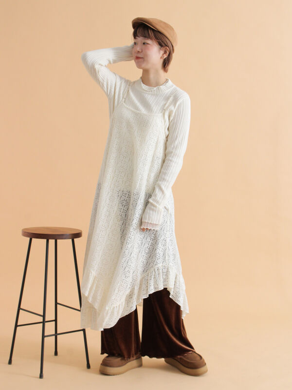 セール】 レースイレヘムキャミワンピース（ブラック/キナリ