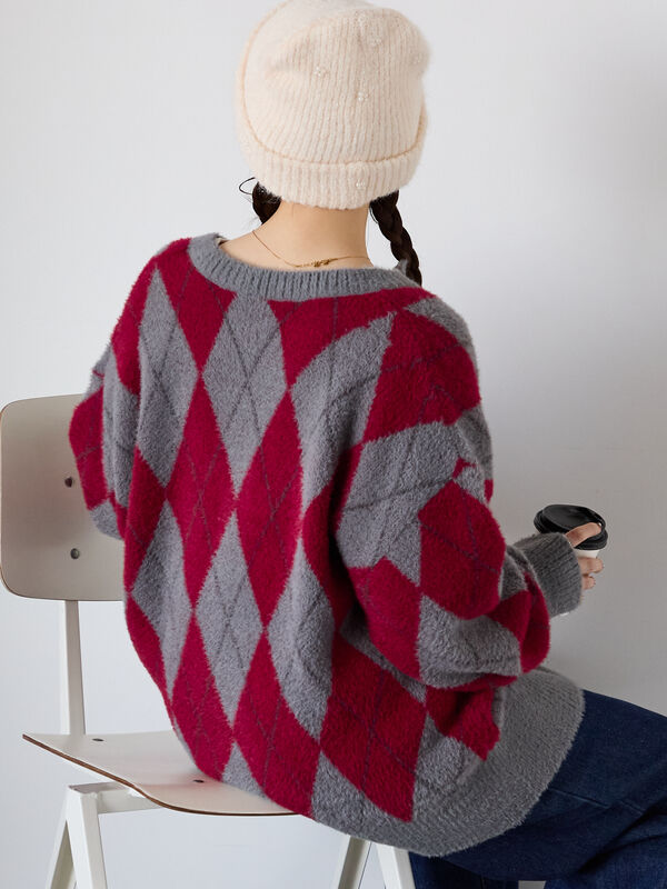 アーガイル柄カーディガン（ブラック/レッド/サックスブルー/トップス