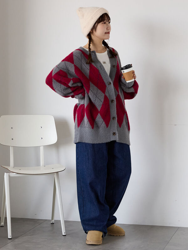 アーガイル柄カーディガン（ブラック/レッド/サックスブルー/トップス