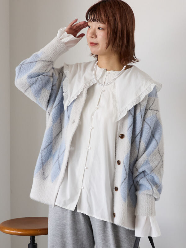 アーガイル柄カーディガン（ブラック/レッド/サックスブルー/トップス