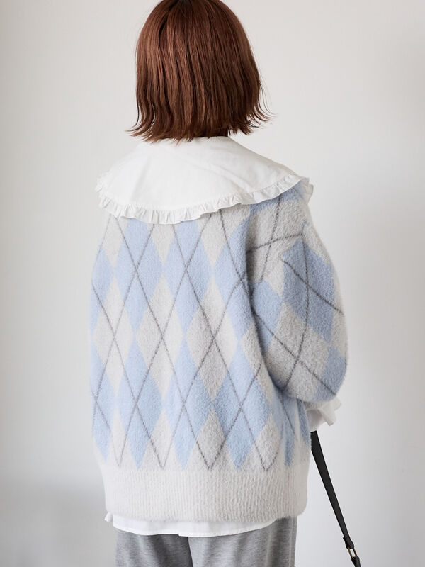 アーガイル柄カーディガン（ブラック/レッド/サックスブルー/トップス