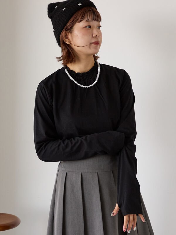 セール】 シャーリング襟カットソー（オフホワイト/グレー/ブラック