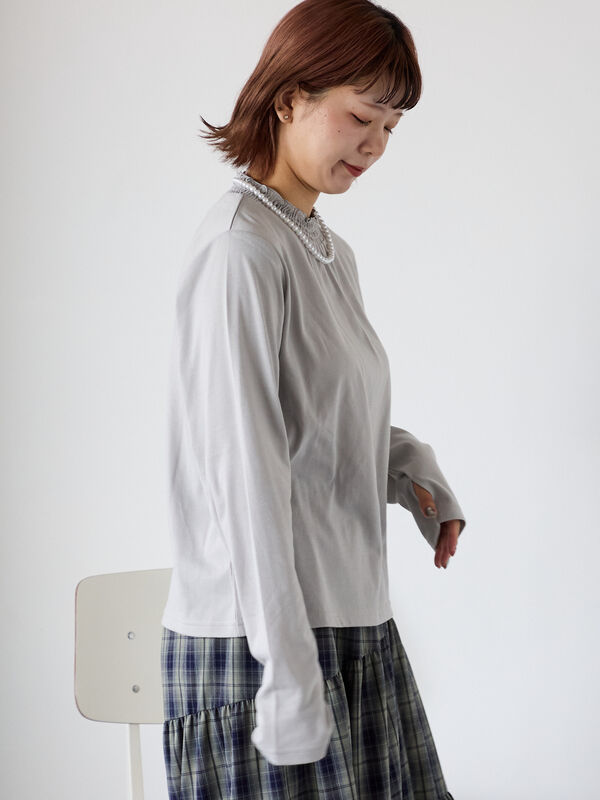 セール】 シャーリング襟カットソー（オフホワイト/グレー/ブラック