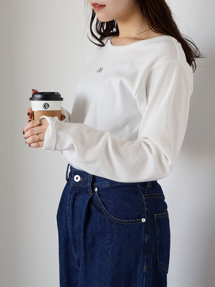 ワンポイント刺繍クルーネックカットソー（オフホワイト/グレー/ブラック/ベージュ）｜ehka sopo（エヘカソポ）通販